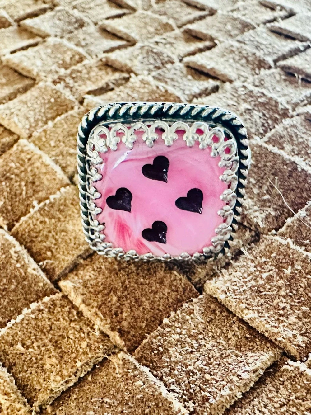 Pink DICE Heart Inlay Silver Statement Ring - Women Jewelry